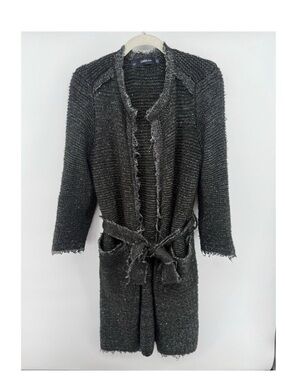 Zara Charcoal Black Frayed Knit Long Cardigan with Belt